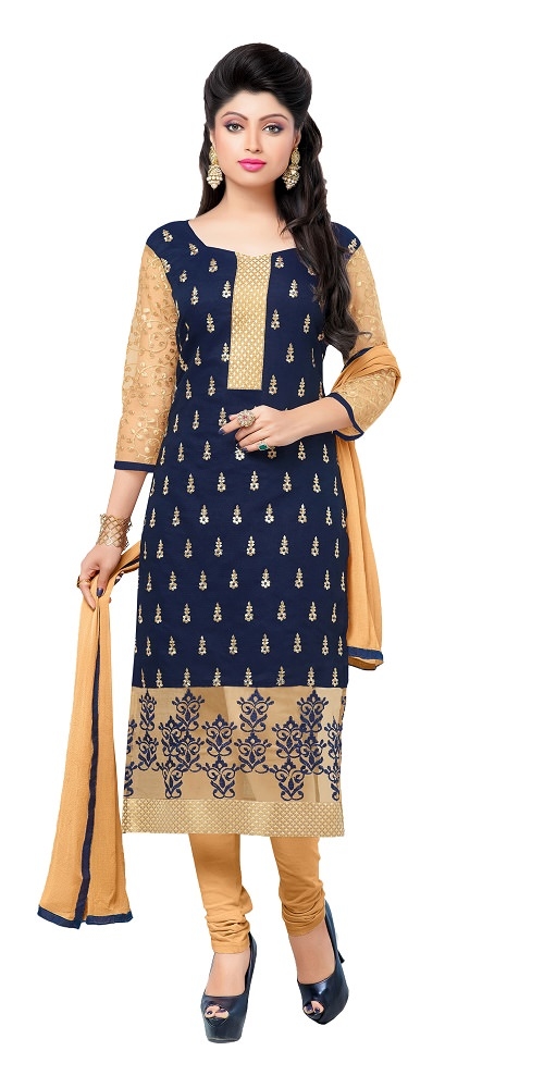 Navy Blue Chanderi Unstitched Embroidered Dress