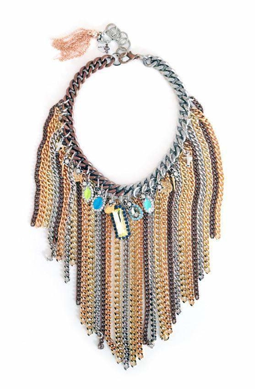 Handmade fringe necklace with crystals, charms and burnished gold.