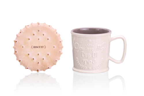 Embossed 3D Tea Mug 280ml and coaster, beige-cream