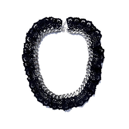 Lace Woven Curb Chain Statement Necklace with Extender - Silver Plated