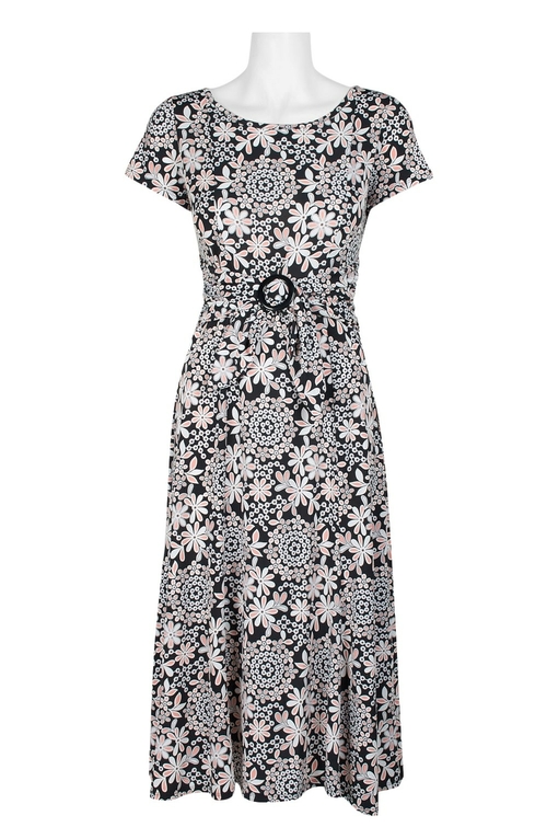 Perceptions Boat Neck Short Sleeve Tie Waist Floral Print Jersey Dress