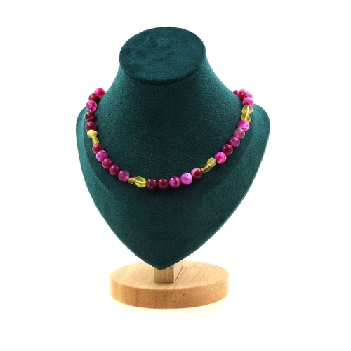 Fuchsia Cracked Agate 8 mm + Yellow Opal beads necklace.