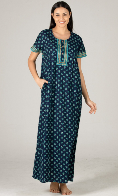 Women Printed Pure Cotton Maxi Nightdress Navy Blue(Size M)