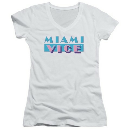 Trevco Miami Vice-Logo Junior V-Neck Tee, White - Large