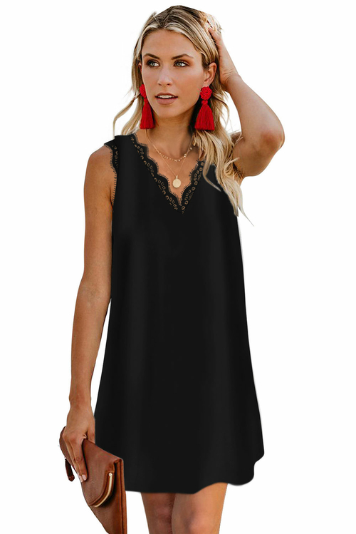 Black Eyelash V Neck Sleeveless Shift Mini Dress