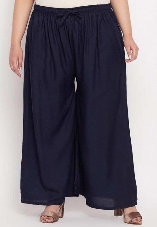Solid Color Rayon Palazzo in Navy Blue (Size-36) (Color-NAVY BLUE)