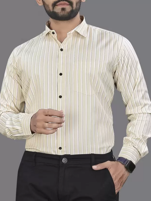 Men Regular Fit Striped Spread Collar Formal Shirt Cream (Size M)