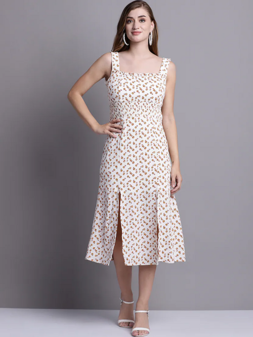 Off White Printed A-Line Dress(SizeL)(ColorWhite )
