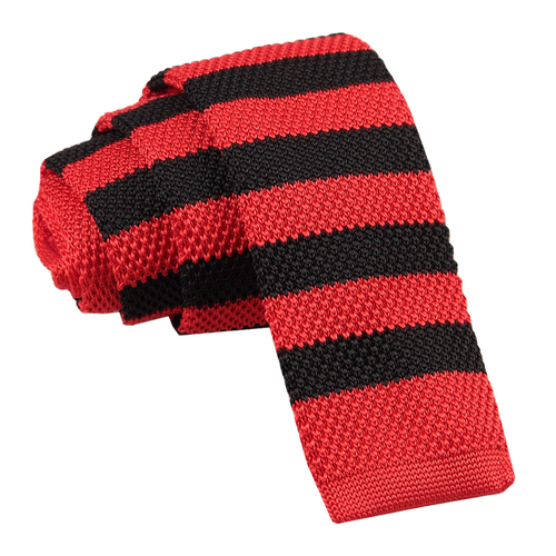 Knitted Striped Skinny Tie - Red & Black