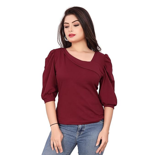 Casual Lycra Blend Asymmetric Neck Puff Half Sleeves (Size-XL)