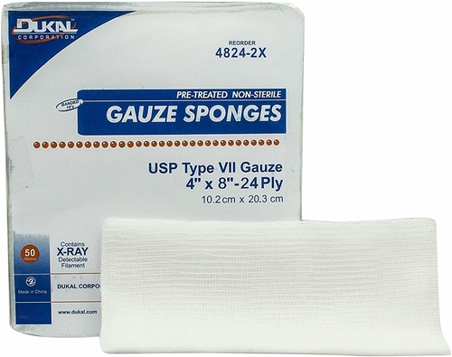 Dukal Type VII Gauze Sponges 4" x 8". Case of 1000 24-ply X-Ray