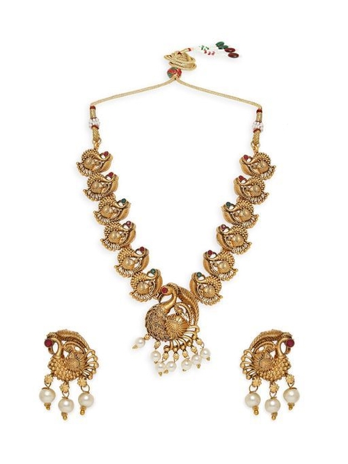 Antique Gold Tone Red & Green Stone Necklace Set with Drop Earrings