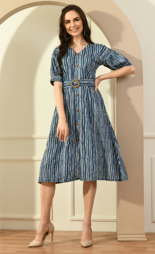 Blue STRIPE PUFF SLEEVES DRESS (Size XL)