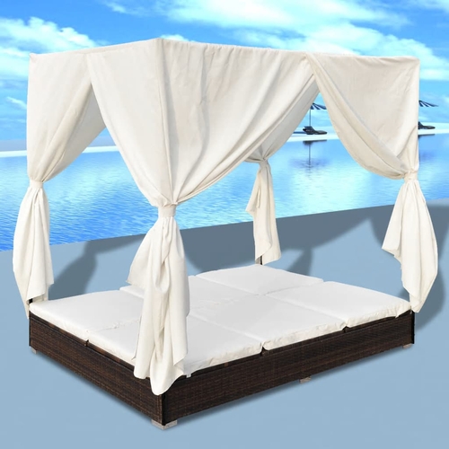 Outdoor Lounge Bed with Curtains Poly Rattan Gray