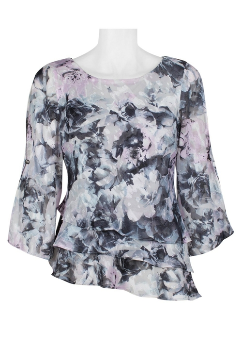 Alex Evenings Boat Neck Asymmetrical Tiered 3/4 Slit Sleeve Multi