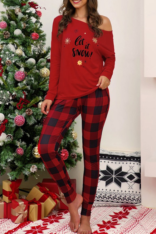 Red Christmas Letter Print Plaid Pajama Set