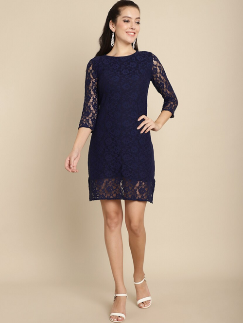 Navy Blue Lace Straight Dress(SizeM)(ColorNavy Blue)