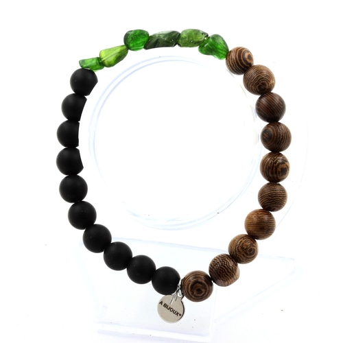 Diopside from Brazil + Matte black Onyx + wood Bracelet 8 mm Beads.