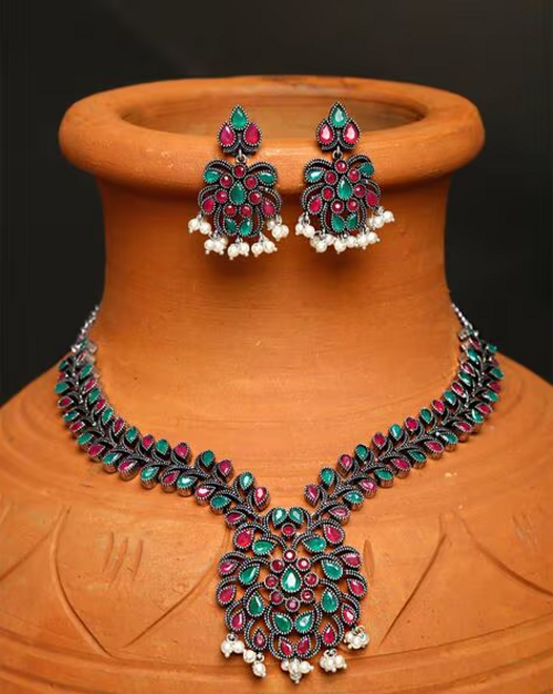Oxidised Pearl Drop Necklace & Earrings Set