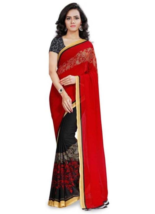 Printed Faux Georgette Red Color Saree