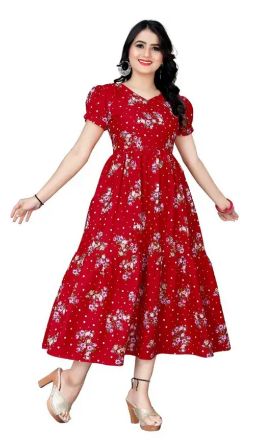 Women's Floral Print Crepe Stitched Flared/A-line Gown (Red) (Size XL)