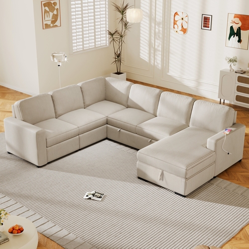 U-shaped Corduroy Combination Corner Sofa with Storage Lounge Chair,