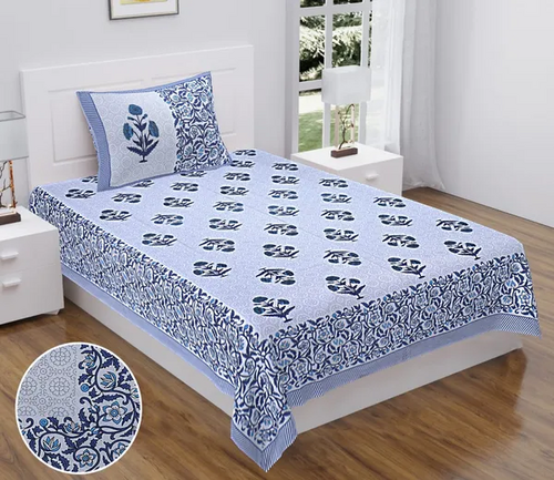 Blue Jaipuri 100% Cotton Single Badsheet with one Pillow Cover (Size
