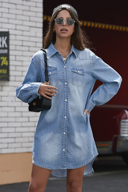 Blue Turn Down Collar Button Down Long Sleeve Denim Shirt Mini Dress