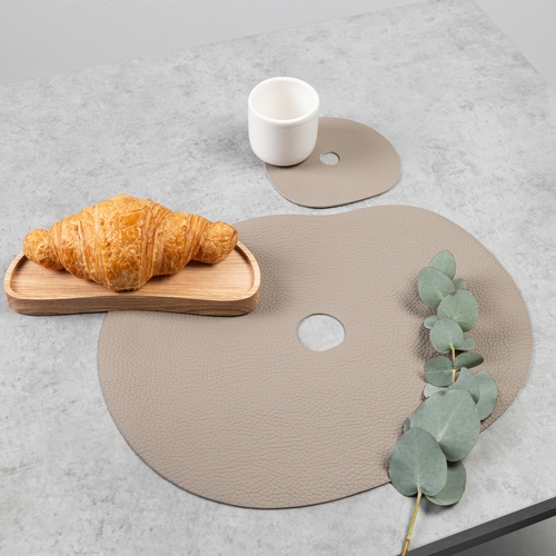 Real leather placemat and coaster, beige