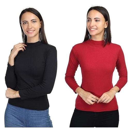 MULTICOLOR Round Neck Full Length Fullsleeve Ribbed Tops for Women