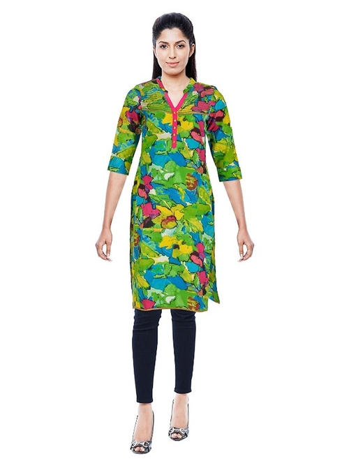 Women's Green Cotton Printed Casual Knee Length