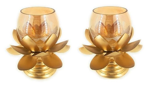 Lotus Shape Candle Stand with Crakle Glass Holder for Home