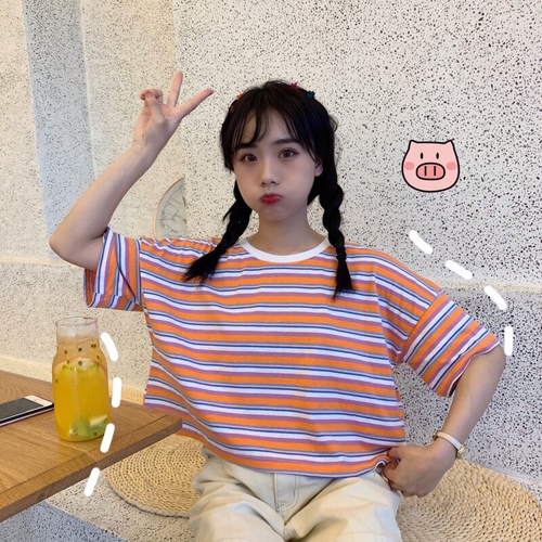 Main Rainbow Striped Korean Ulzzang O neck T image