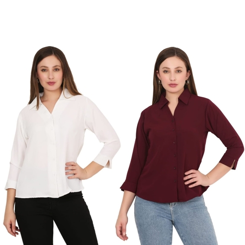 Womens Solid Formal Shirt PACK OF 2 WHITE AND MAROON  L