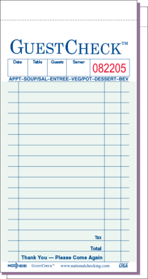 National Checking A6000G 3.5 x 6.75 in., Two-Part Carbon Guest Che