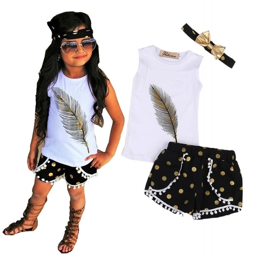 3 Pcs Little Girls Summer Feather Clothing Set
