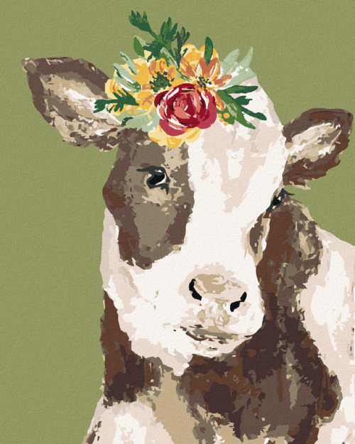 Paint by Numbers - COW WITH FLOWER ON GREEN BACKGROUND (HALEY BUSH)
