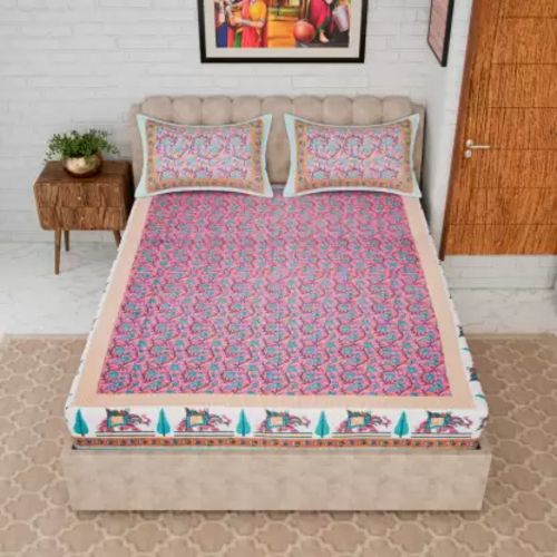 244 TC Cotton Double Floral Flat Bedsheet  (Pack of 1, Pink Hathi)