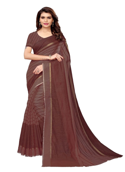 Generic Women's Cotton Saree (Brown, 5-6 Mtrs)