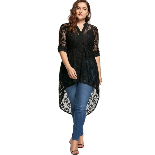  Fashion Plus Size Black Lace Long Top