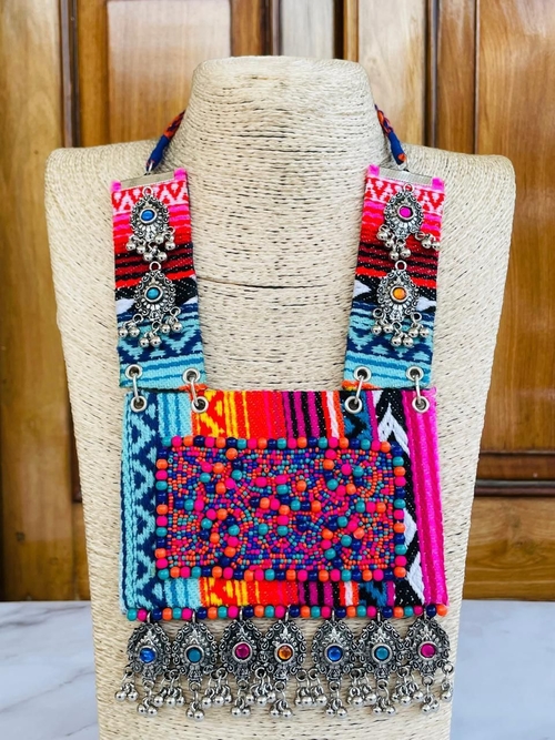 Multicolor Crystals & Beads Afghan Design Brass Silver-Plated Necklace