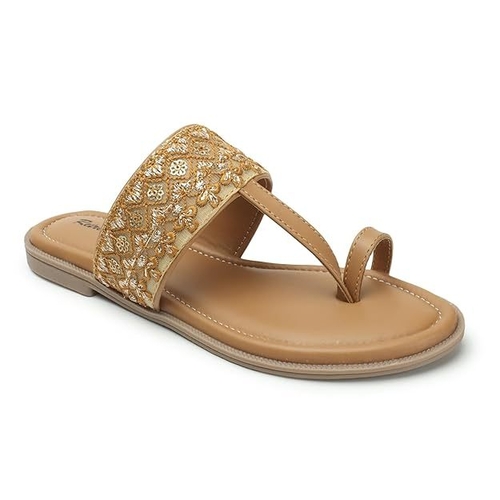 Retro Walk Embellished Open Toe Flats (Size-UK-8) (Color-TAN )