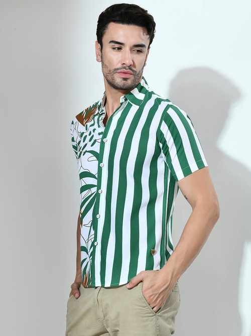 Tropical & Striper Printed Half sleeve Casual Shirt GREEN&WHITE
