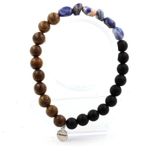 Sodalite from Brazil + Matte black Onyx + wood Bracelet 8 mm Beads.