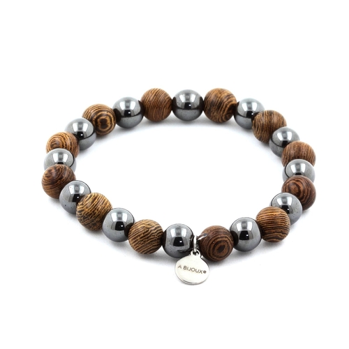 Wood + Hematite Bracelet 8 mm Beads.