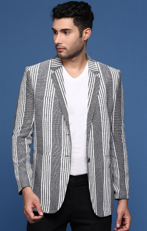 Men's Striped Slim-Fit Notched Lapel Single-Breasted Cotton Blazer
