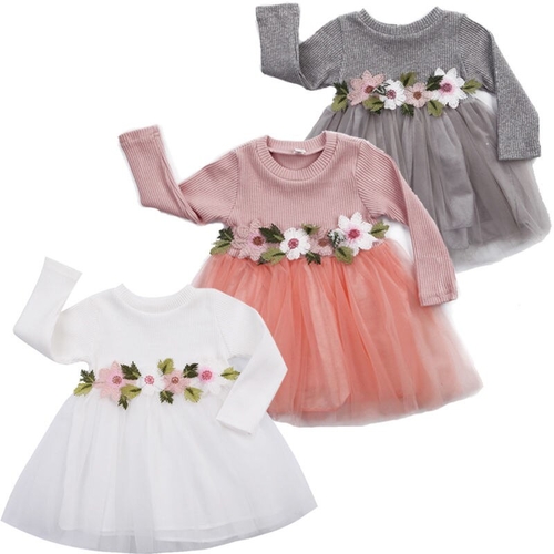 Little Girls 3 Colors Flower Long Sleeve Dress