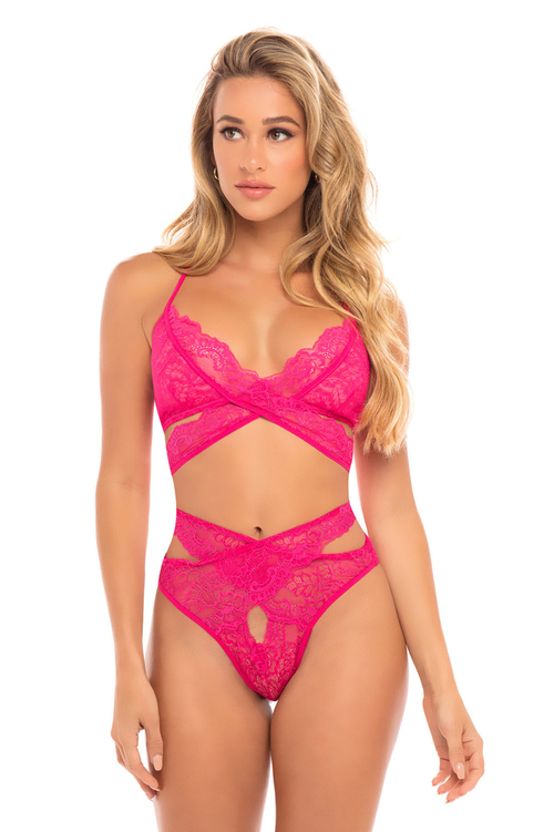 Cut Out Galloon Lace Bra Set - Bright Rose - L/xl
