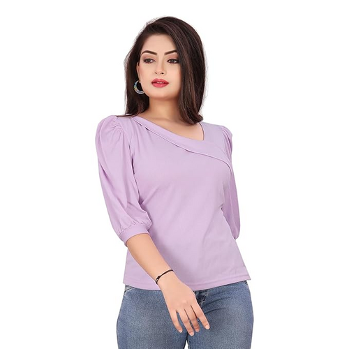 Casual Lycra Blend Asymmetric Neck Puff Half Sleeves (Size-L)