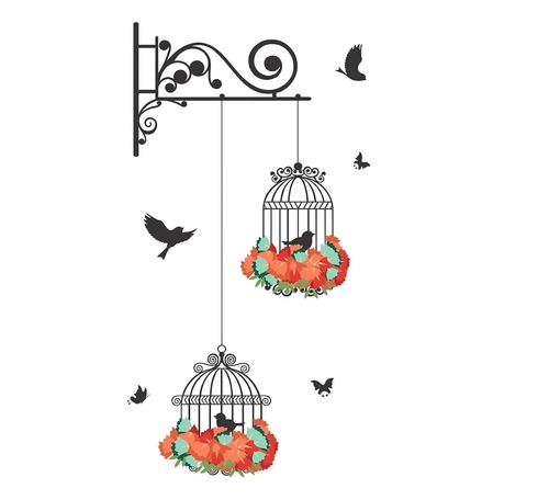 Decals Design 'Hanging Birds Cage with Flowers' Wall Sticker